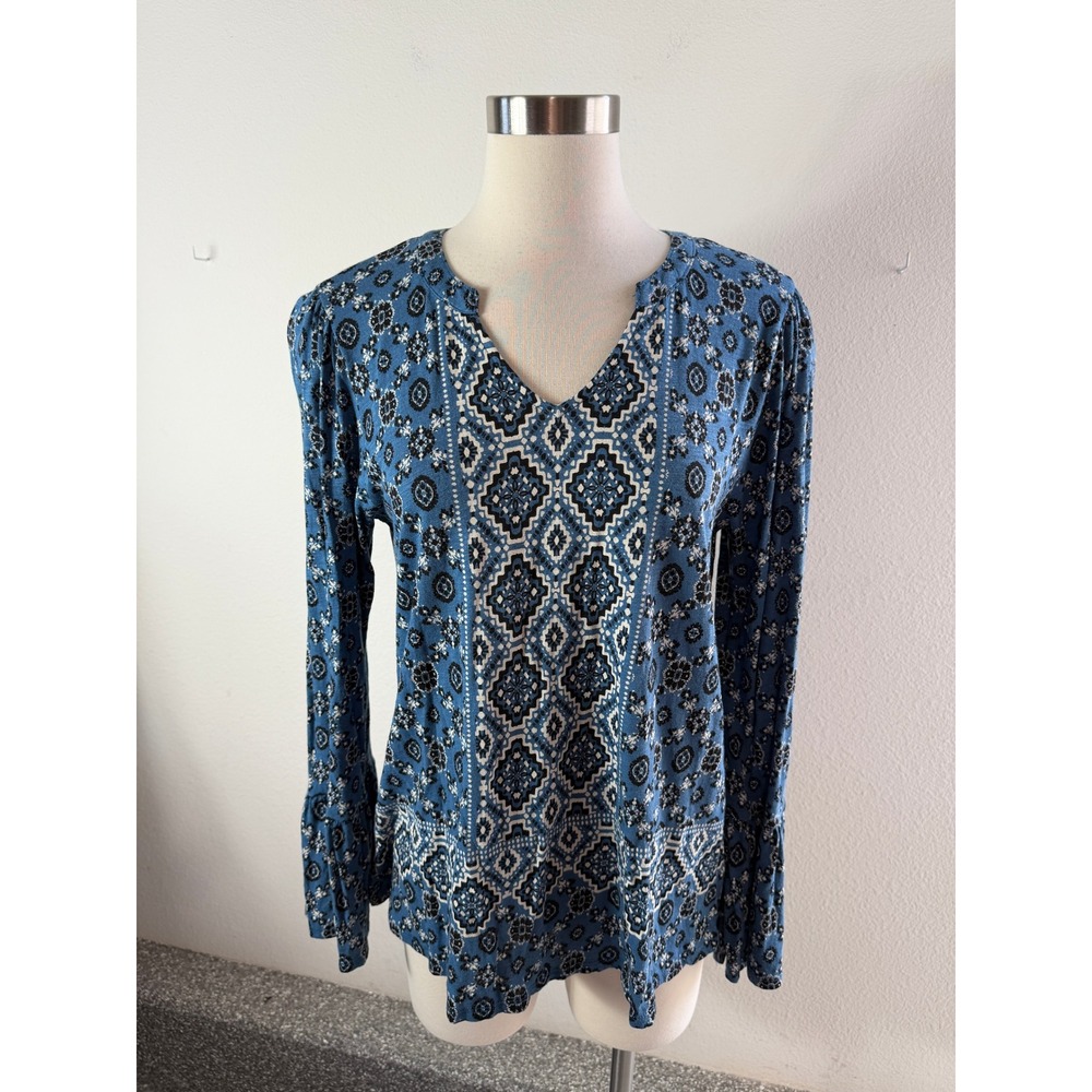 Lucky Brand Womens Medium Blue Boho Geometric Floral V Neck Top Shirt
